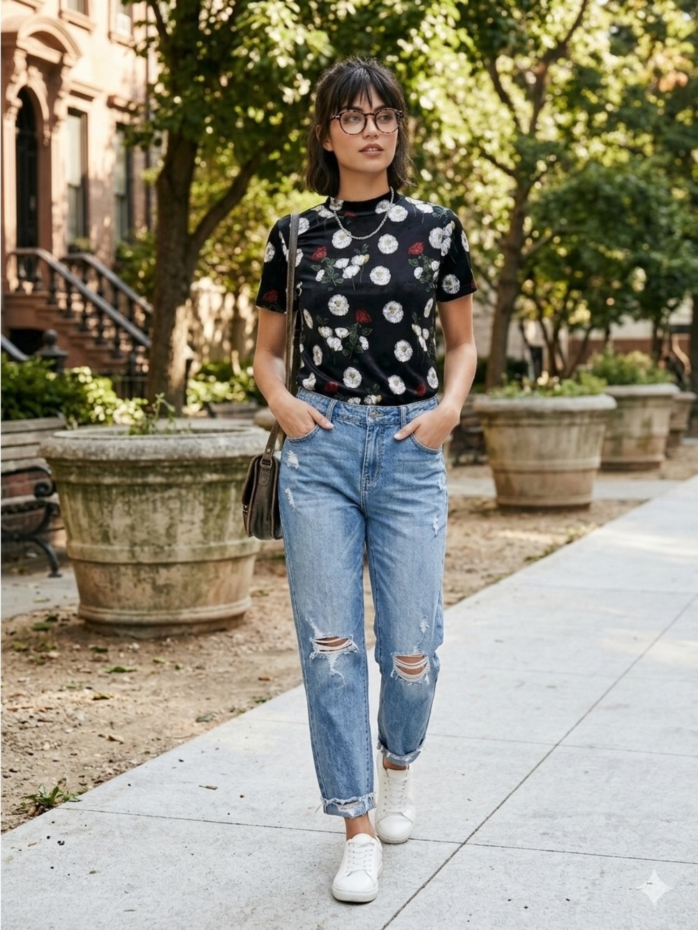 Zara Velour Floral Short Sleeve Mock Neck Large